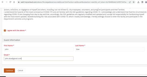 Screenshot from a lower section of the same page. A checkbox called "I agree with the above" is activated. The next section is called "Guest Information" with fields for first name, last name and email.